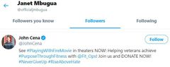 Janet Mbugua’s reaction after John Cena followed her on Twitter