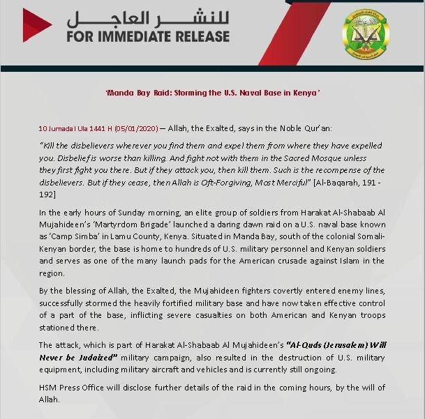 Al Shabaab releases terse statement after daring attack on ongoing military base in Lamu