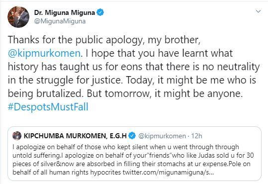 Kipchumba Murkomen sets Twitter on fire with a public apology to Miguna Miguna