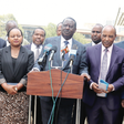 File image of ODM leader Raila Odinga with a section of Mt Kenya region governors and legislators address the press at his Capitol Hill office