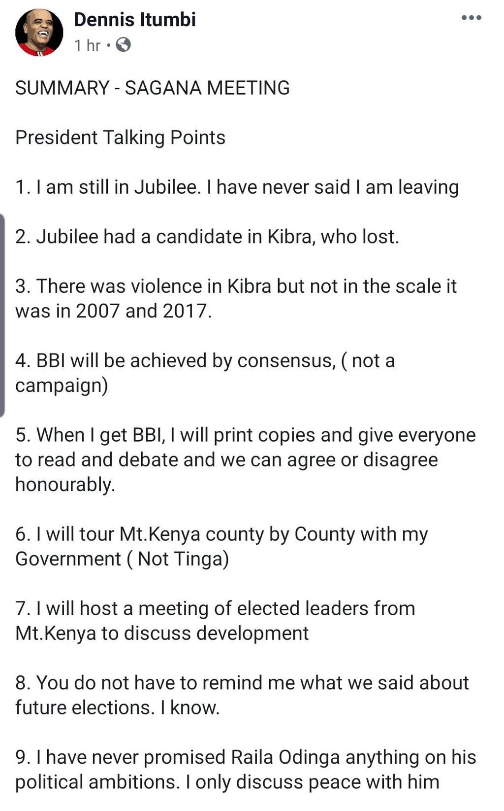 Itumbi surfaces with secret recordings of President Uhuru Kenyatta on 9 resolutions of the 'Sagana Declaration'