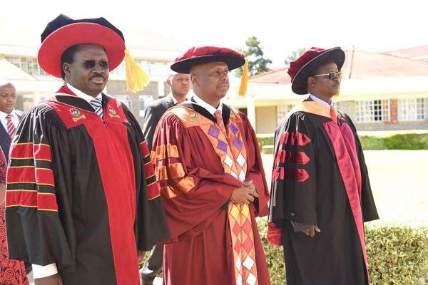Baringo Senator Gideon Moi (C), Vice-Chancellor Prof Henry Kiplagat (L) and the university's Governing Council chairman John Lonyangapuo during the 15th graduation ceremony held on December 20, 2019
