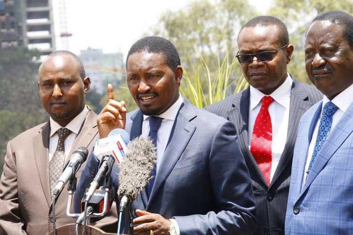 File image of CS Mwangi Kiunjuri addressing the press Looking on is MP Junet Mohamed, Raila Odinga and Paul Otuoma