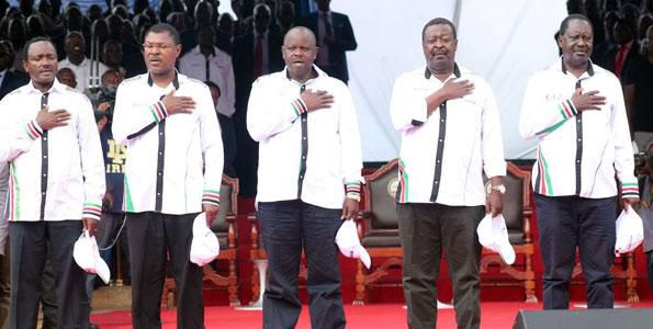 From left: Kalonzo Musyoka, Moses Wetang'ula, Isaac Ruto, Musalia Mudavadi, and Raila Odinga at Uhuru Park in Nairobi on April 27, 2017