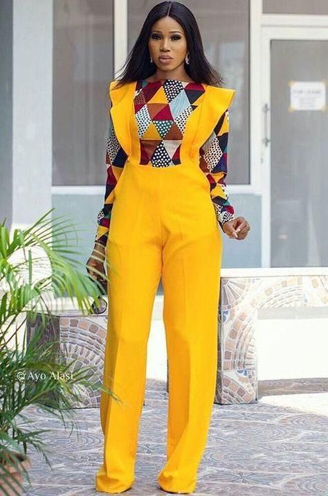 Yellow jumpsuit with a touch of ankara (pinterest)