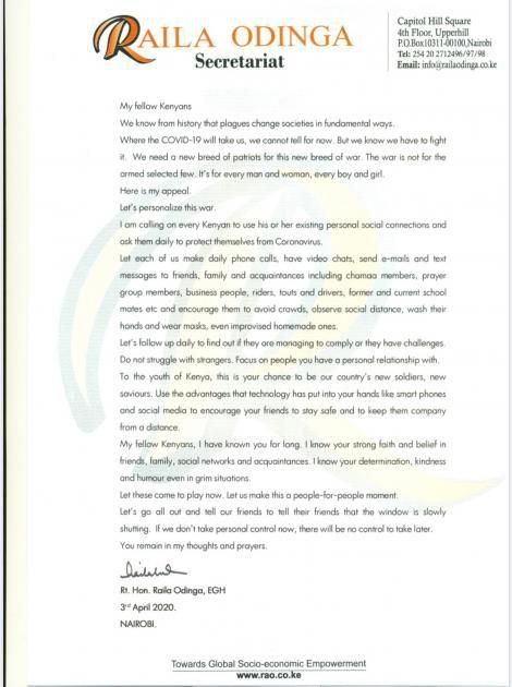 Raila’s emotional letter to Kenyans as Coronavirus ravages the world