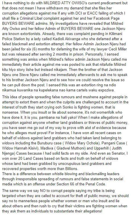 Governor Mike Sonko's Facebook post