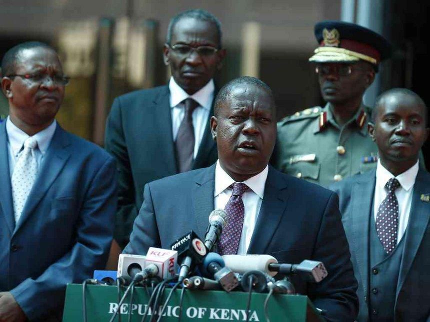 Interior CS Fred Matiang'i (centre) with PS Karanja Kibicho (left) and ICT CS Joe Mucheru during a past event