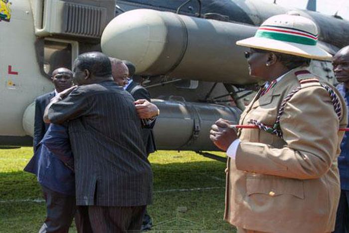 President Uhuru Kenyatta is received by Raila Odinga in Kisumu on 14 June 2019