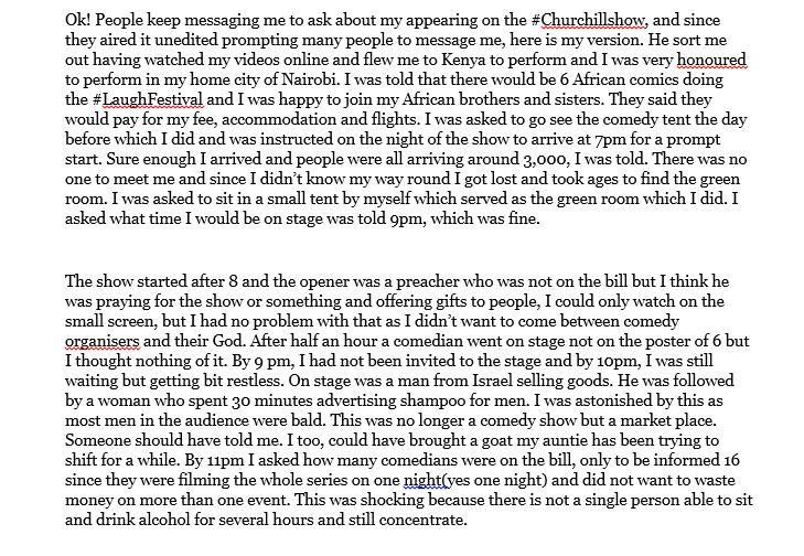 UK-based Kenyan comedian makes damming allegations against Mwalimu Churchill