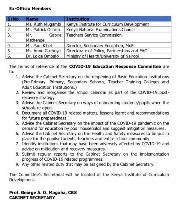 CS Magoha sets up 10-member team to explore possibility of re-opening schools