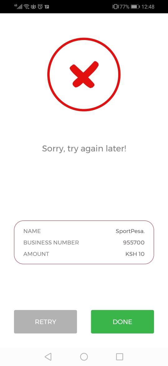 Message from Safaricom after attempting to send money to Sportpesa account