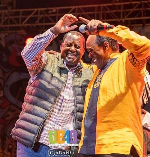 Raila Odinga (left) with Jeff Koinange at Ali Campbell and Astro's concert at Carnivore (photo courtesy of Garang Photograph)