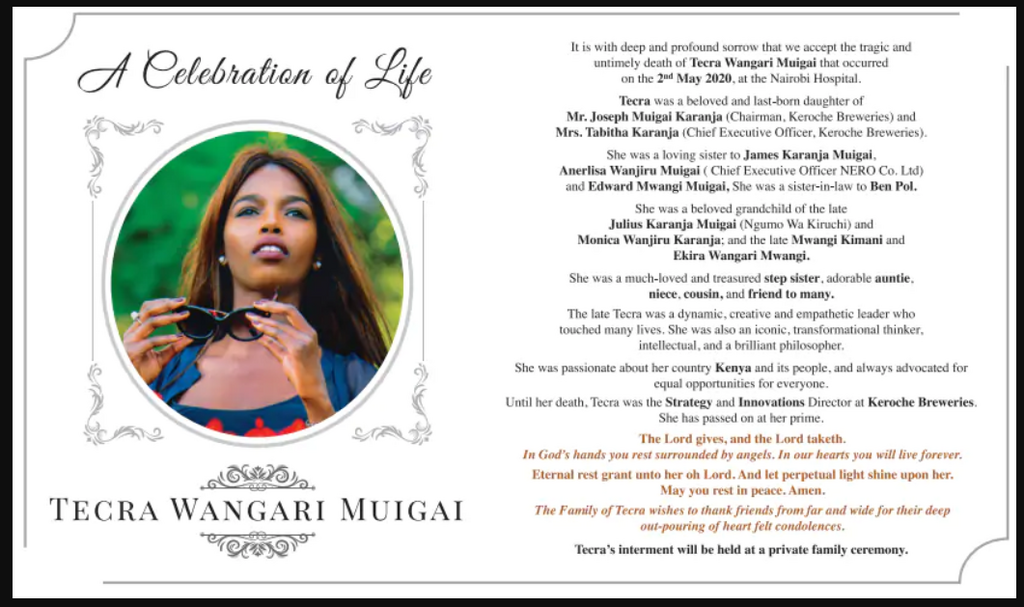 Tecra Muigai set to be laid to rest at a private family ceremony