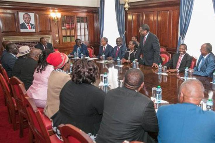President Uhuru Kenyatta and Raila Odinga with members of the Building Bridges Initiative taskforce at State House