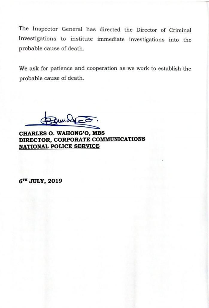 Police statement on Karanja Kabage's death