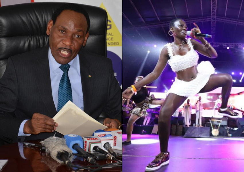 KFCB CEO Ezekiel Mutua (L) and Esther Akoth alias Akothee (R)