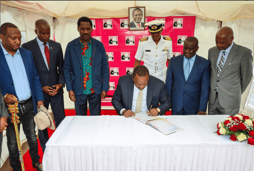 President Uhuru Kenyatta during the inauguration of the revamped New KCC Dandora Factory as part of celebrations to mark Ushirika Day Celebrations 2019