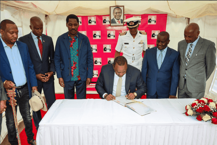 President Uhuru Kenyatta during the inauguration of the revamped New KCC Dandora Factory as part of celebrations to mark Ushirika Day Celebrations 2019