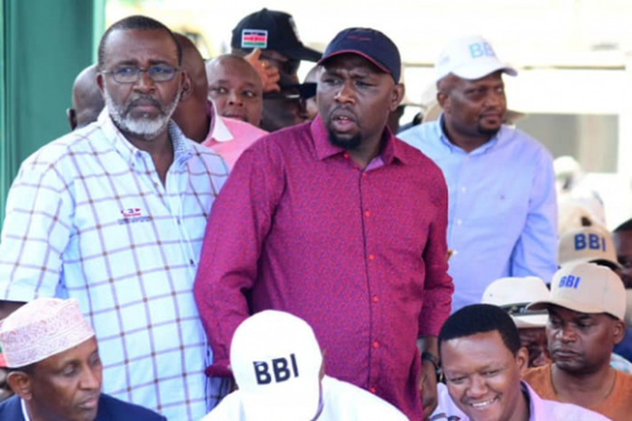 Moses Kuria with Kipchumba Murkomen and Mithika Linturi at Kinoru stadium