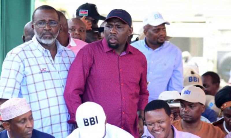 Moses Kuria with Kipchumba Murkomen and Mithika Linturi at Kinoru stadium