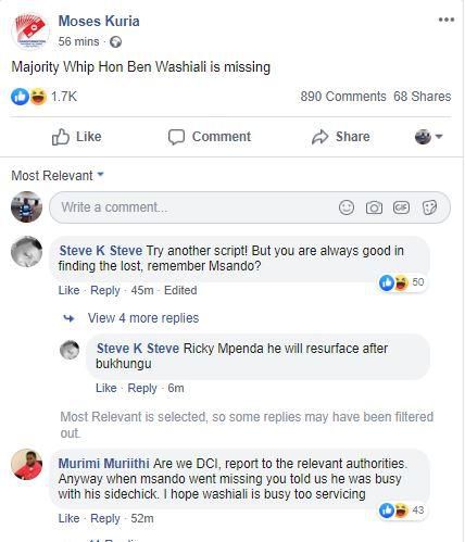 Majority whip Ben Washiali is missing-Moses Kuria, Rashid Echesa claim