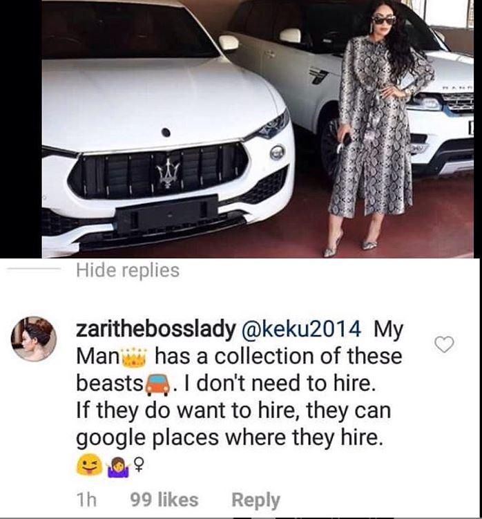 Zari Hassan responds to claims she hires posh cars to make her new boyfriend look rich