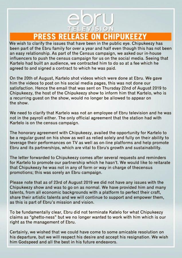 Ebru TV statement on Chipukeezy