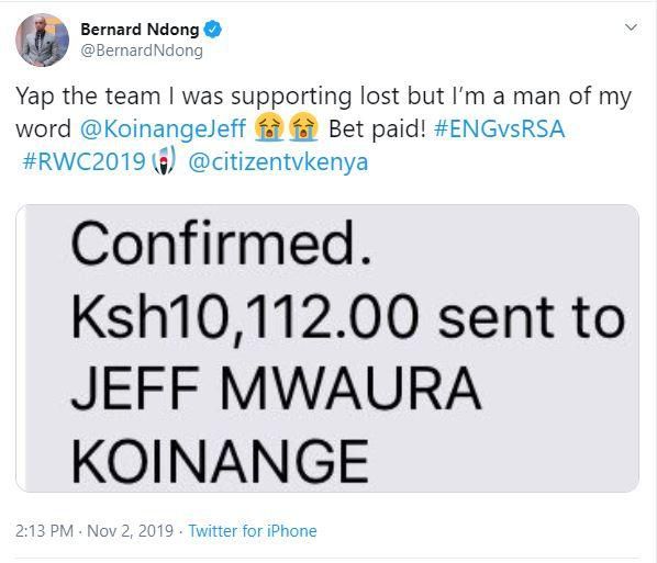 Jeff Koinange wins thousands after winning Rugby World Cup finals bet