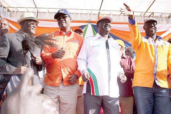 File image of Johnston Muthama, Evans Kidero, Raila Odinga and former Kibra MP Ken Okoth at a campaign rally in Kibra