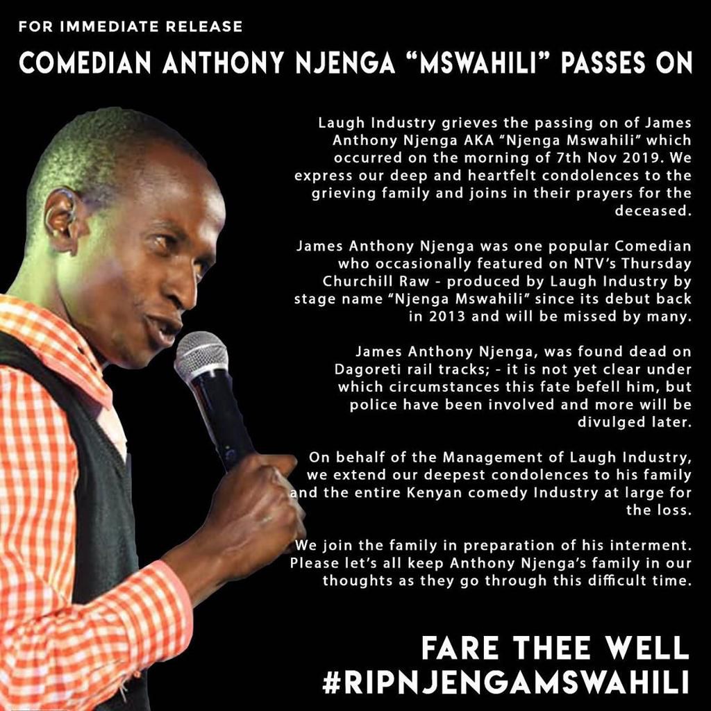 Churchill mourns death of comedian Njenga Mswahili