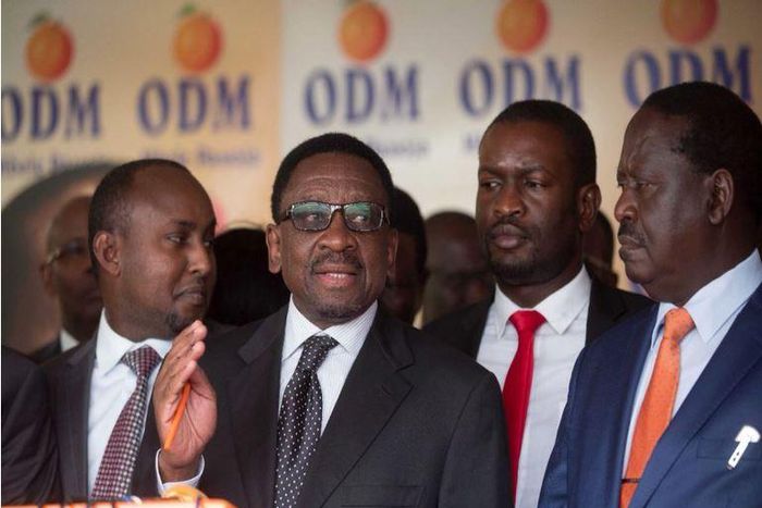 File image of James Orengo flanked by ODM party officials at a past press briefing