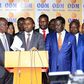 File image of ODM leaders together with party leader Raila Odinga addressing the press at Orange House in Nairobi