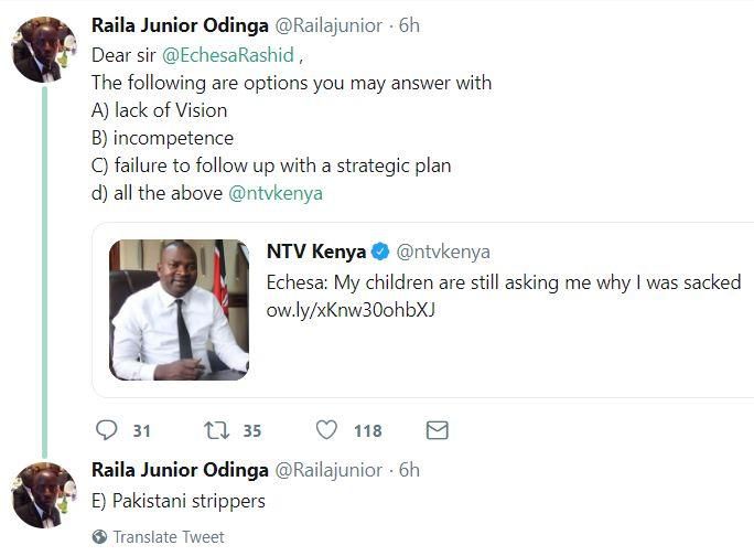 5 answers Raila’s son wants Echesa to give his children on why he was sacked