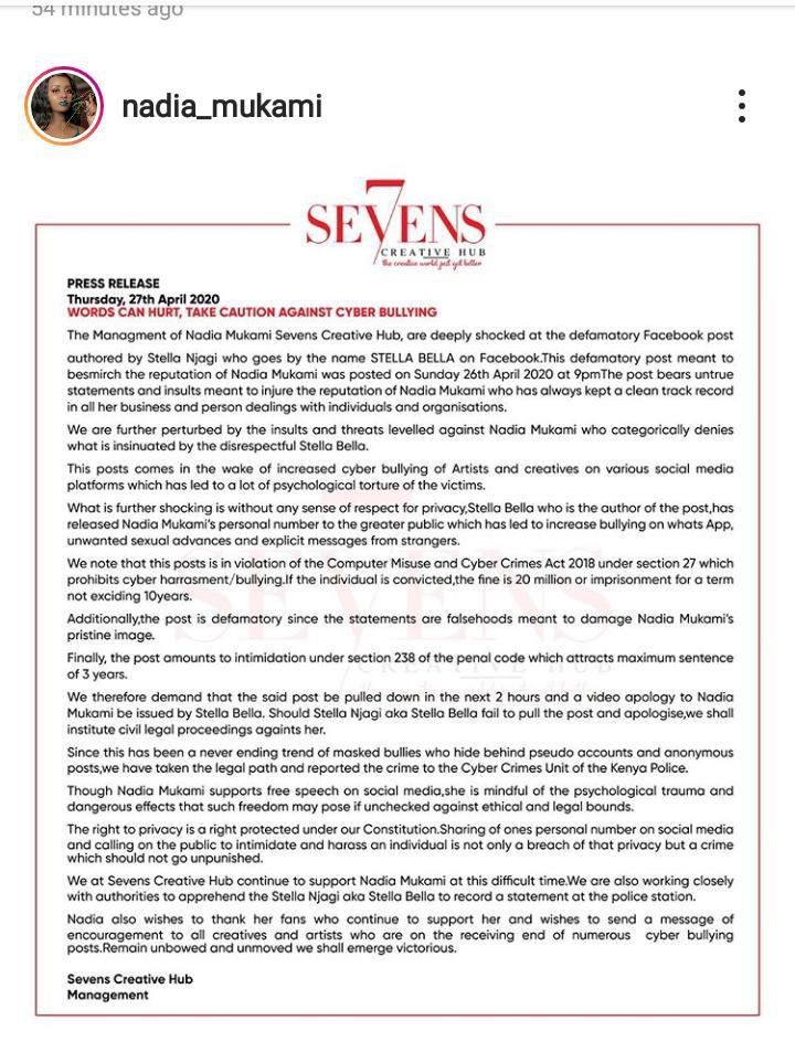 Nadia Mukami takes legal action against female Stella Bella  fan for defamation