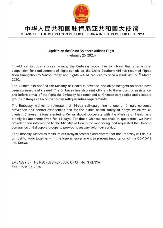 China tells Kenyans 4 more of their passenger planes will be landing at JKIA despite public uproar over risk of corona virus