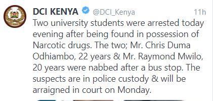 DCI busts drug trafficking syndicate, arresting two University students