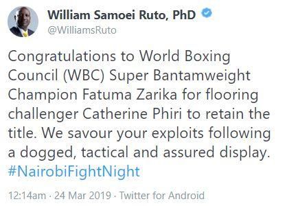 Ruto trolled after his congratulatory message to Zarika