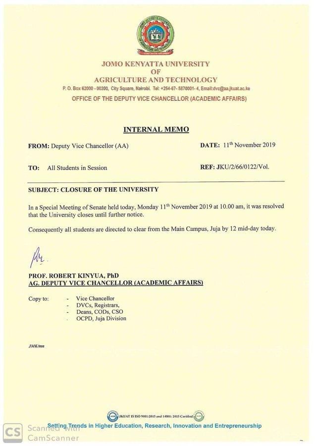 JKUAT administration announces campus shut down