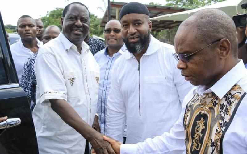 Raila Odinga with Governors Hassan Joho and Amason Kingi in Mombasa The Mombasa BBI rally set for January 25 will be held at Mama Ngina Waterfront Park not Tononoka Grounds as earlier stated