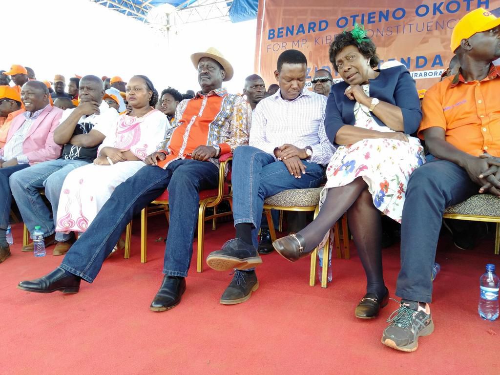 Maina Kamanda, Kivutha Kibwana,Anne Waiguru, Raila Odinga, Alfred Mutua and Charity Ngilu at a campaign rally for Bernard Imran Okoth in Kibra