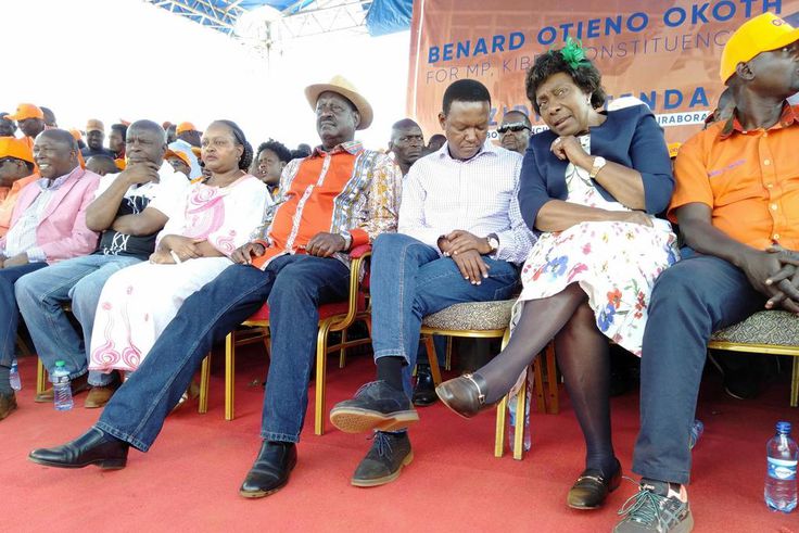 Maina Kamanda, Kivutha Kibwana,Anne Waiguru, Raila Odinga, Alfred Mutua and Charity Ngilu at a campaign rally for Bernard Imran Okoth in Kibra