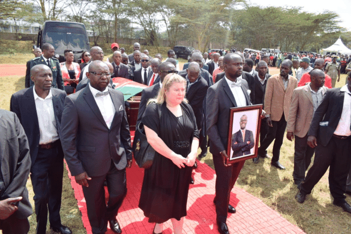 Kibra MP Ken Okoth;'s body when it arrived at Moi Girls High School for a funeral service
