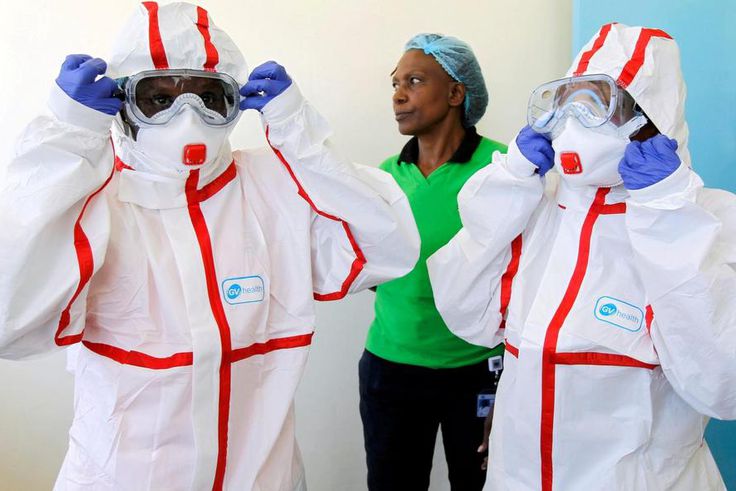 Kenyan medics during a demonstration of preparations for any potential coronavirus cases at the Mbagathi Hospital, isolation centre for the disease, in Nairobi