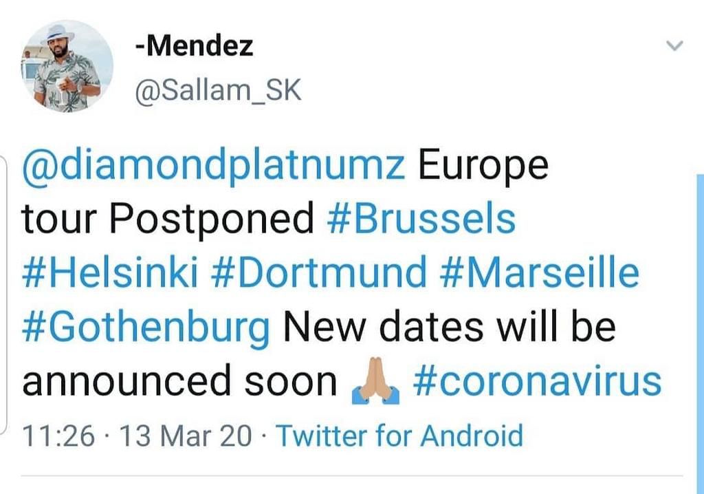 Diamond forced to  postponed his ongoing Europe Tour over Coronavirus