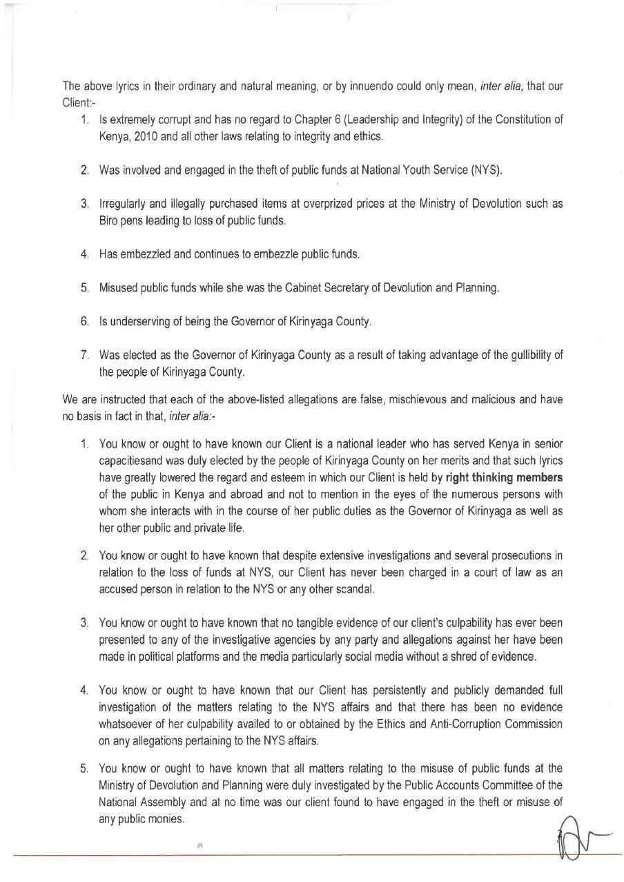 Governor Anne  Waiguru threatens to sue King Kaka