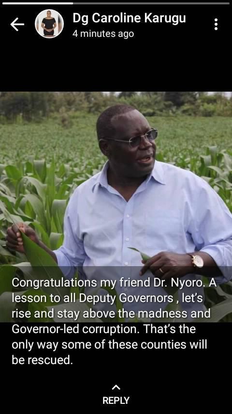 Nyeri Deputy Governor Caroline Karugu's whatsup status celebrating Waititu impeachment causes anxiety