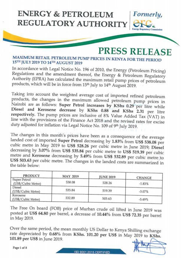 Government announces new fuel prices
