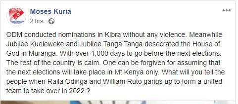 Moses Kuria dresses down Jubilee MPs involved in dramatic fight in Muranga church on Sunday