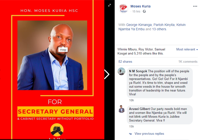 Moses Kuria declares powerful Jubilee Party position he is eyeing